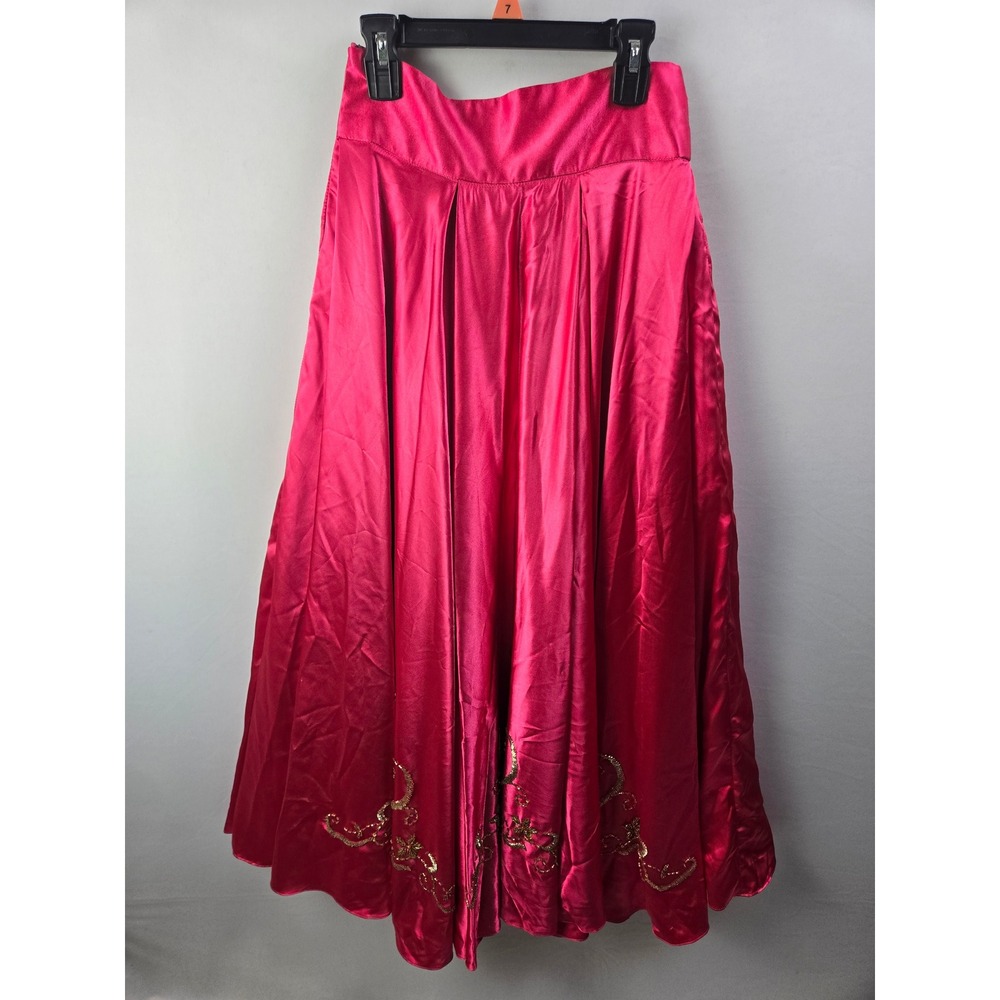 Vintage Satin Maxi Skirt Pink Gold Beaded Embroidered Formal Holiday Full 1337